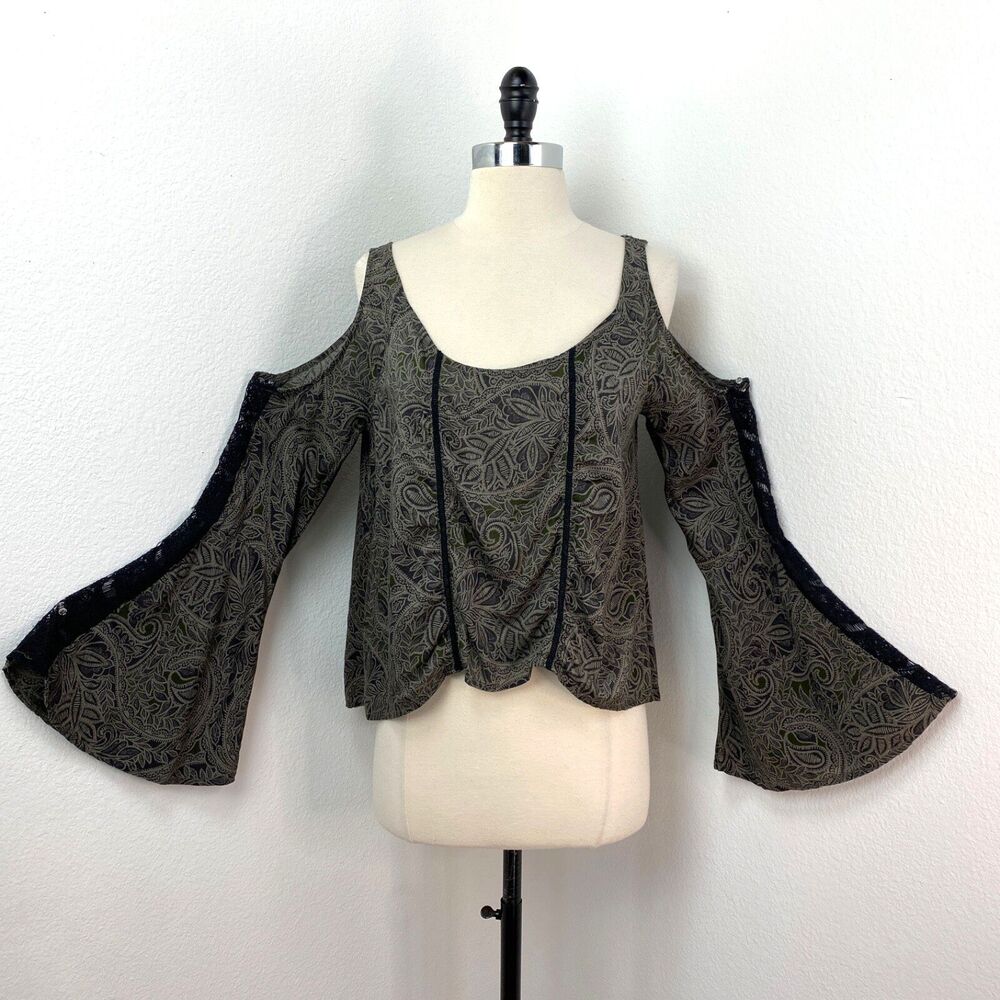 Abercrombie & Fitch Olive Green Paisley Blouse SM Fairy Goth Boho Cold Shoulder